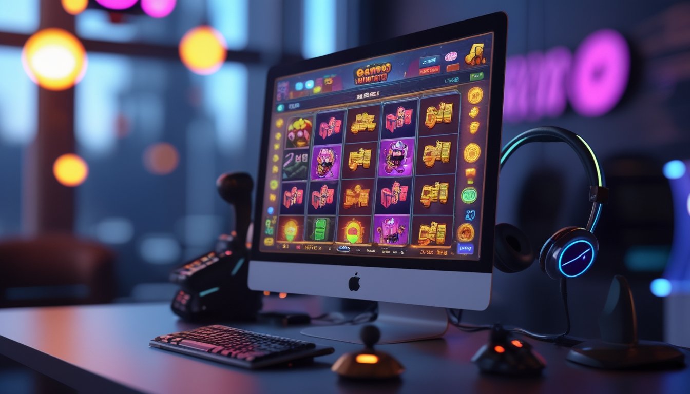 Tampilan layar komputer dengan permainan slot online bertema arcade yang penuh warna di sebuah ruangan permainan modern.