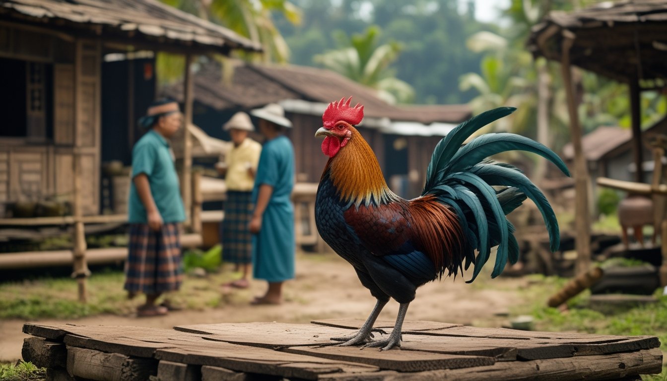 Seekor ayam aduan berdiri di depan rumah tradisional di desa dengan beberapa orang mengenakan pakaian adat mengamati ayam tersebut.