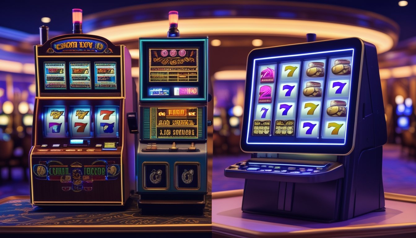 Gambar mesin slot klasik di sebelah kiri dan mesin slot digital modern di sebelah kanan, menunjukkan perkembangan dari mesin slot offline ke digital.