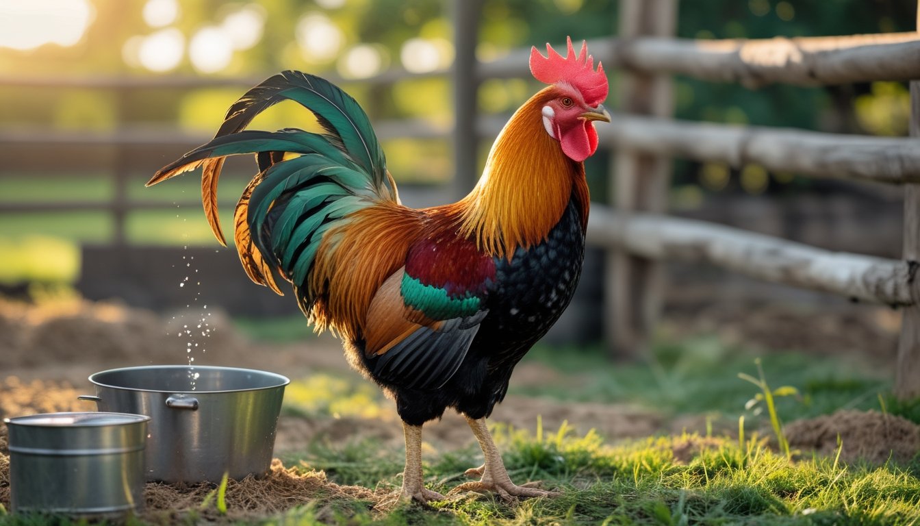 Seekor ayam jantan sehat berdiri di atas rumput hijau di lingkungan peternakan alami dengan pakan dan udara bersih di sekitarnya.