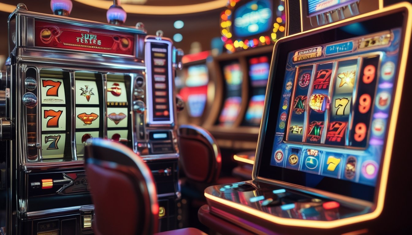 Gambar mesin slot klasik mekanik di sebelah kiri dan mesin slot digital modern di sebelah kanan dalam suasana kasino.