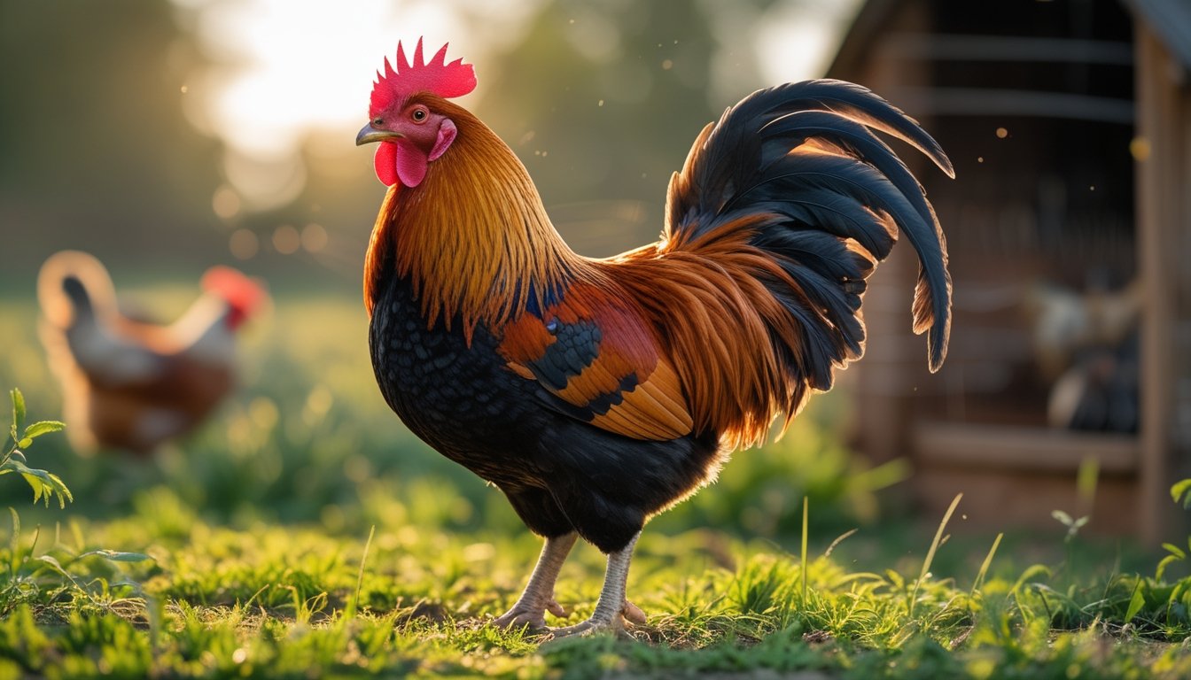 Seekor ayam jantan sehat dengan bulu berwarna cerah berdiri di halaman hijau dengan kandang ayam di latar belakang.