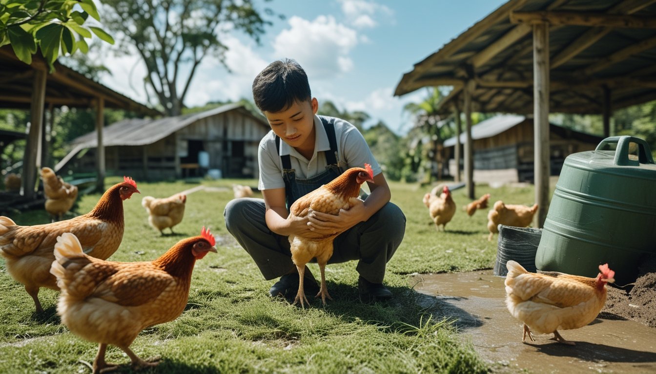 Seorang pemula memegang ayam kampung di halaman peternakan dengan beberapa ayam lainnya berkeliaran di sekitar.