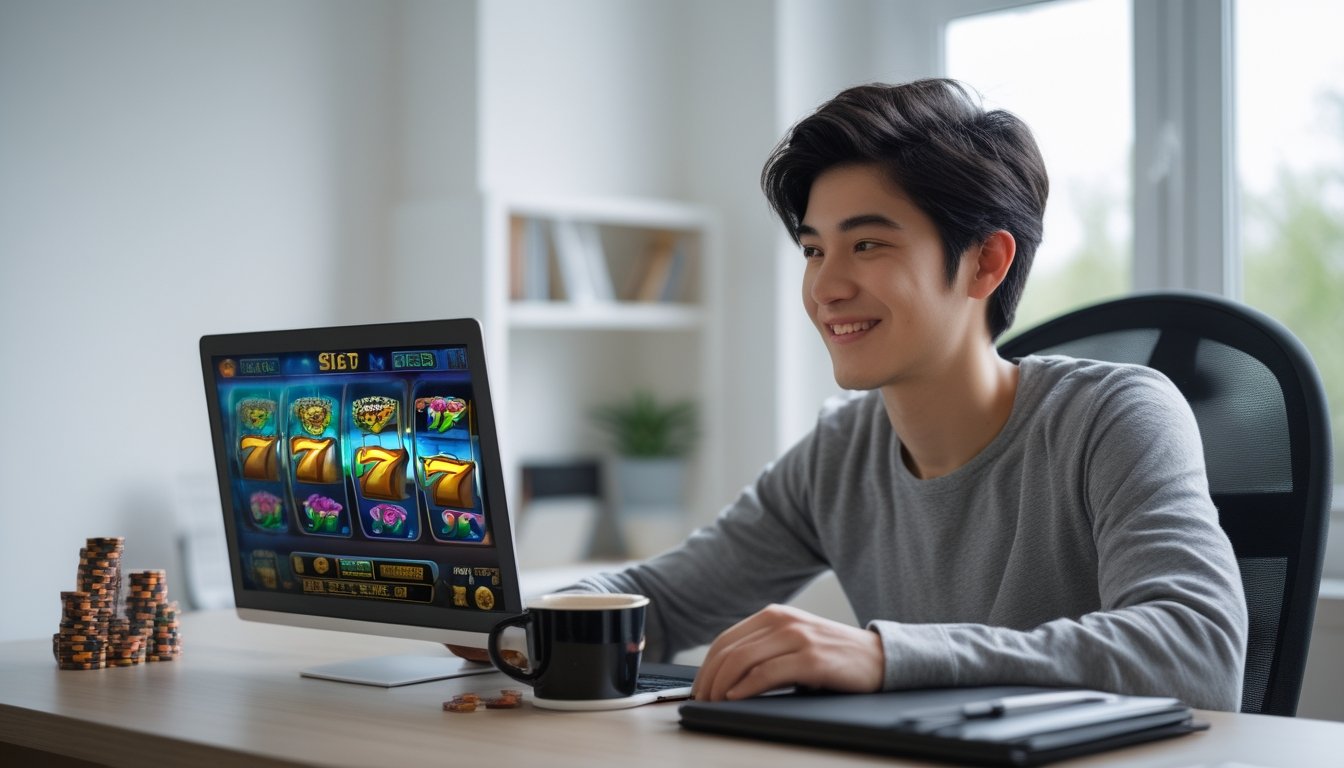 Seseorang muda duduk di meja dengan laptop, bermain game slot online dengan ekspresi fokus dan senang di ruang kerja rumah yang rapi.