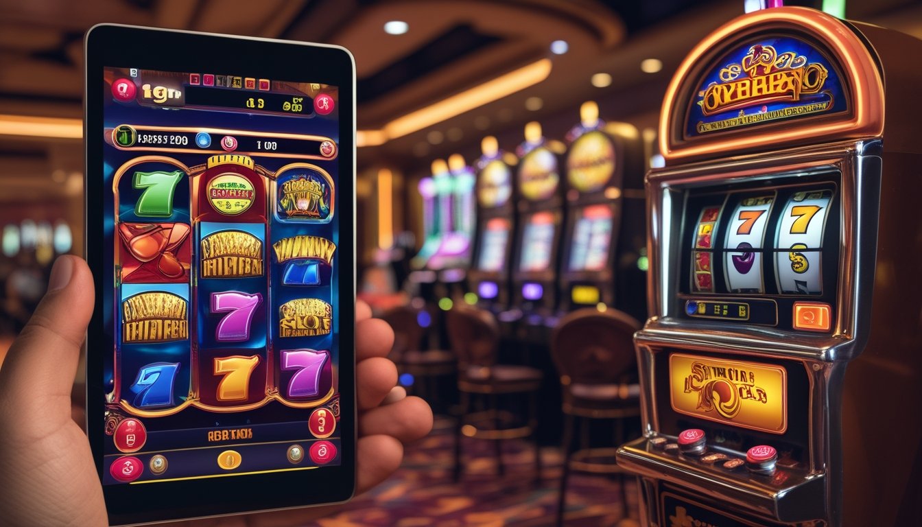 Gambar yang menunjukkan perbedaan antara permainan slot digital di layar perangkat dan mesin slot klasik dengan tuas dan gulungan fisik di latar kasino.