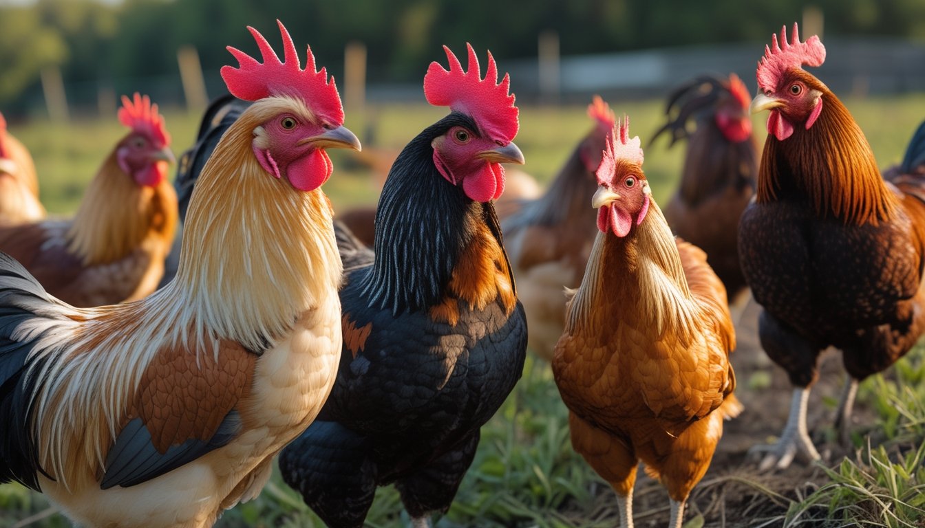 Beberapa ayam jantan dengan berbagai warna bulu dan bentuk jengger berdiri di lingkungan peternakan yang alami.