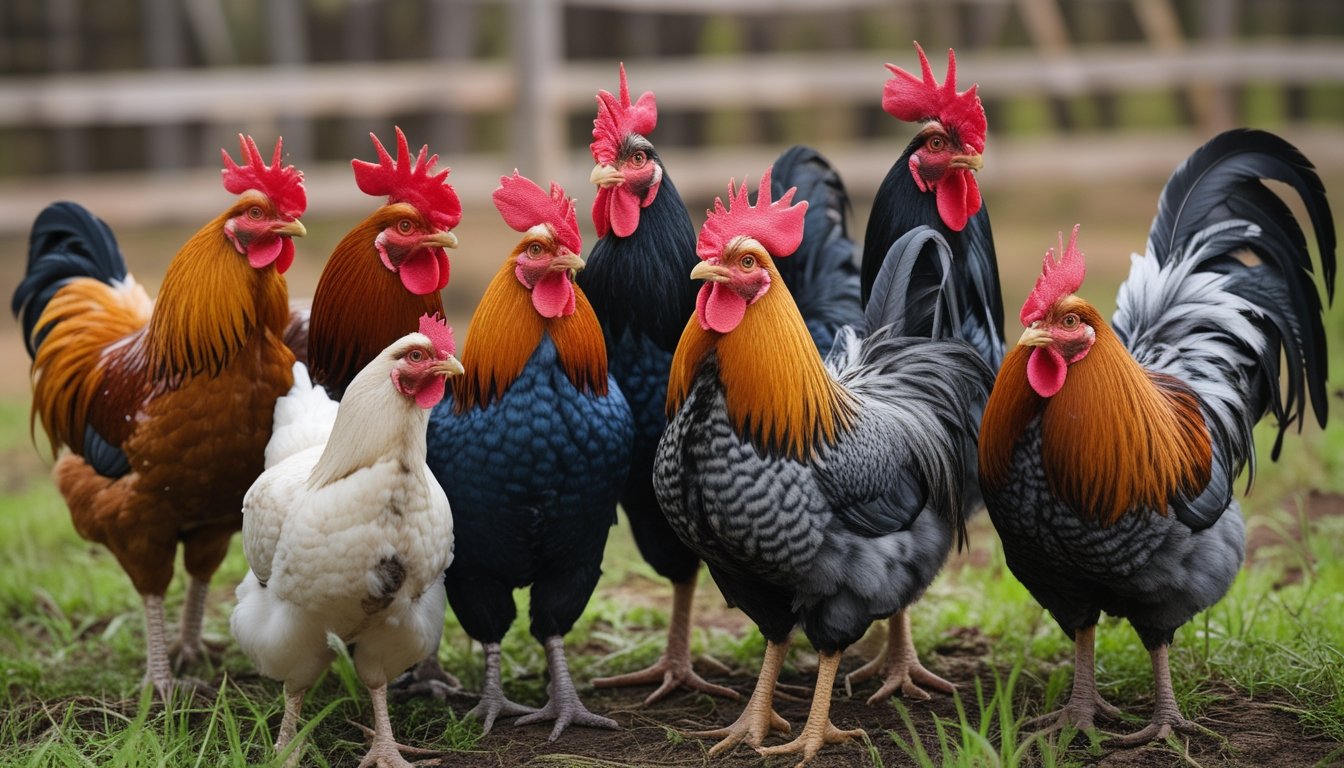 Beberapa ayam jantan dengan bulu berwarna-warni dan bentuk sisir yang berbeda di lingkungan peternakan alami.