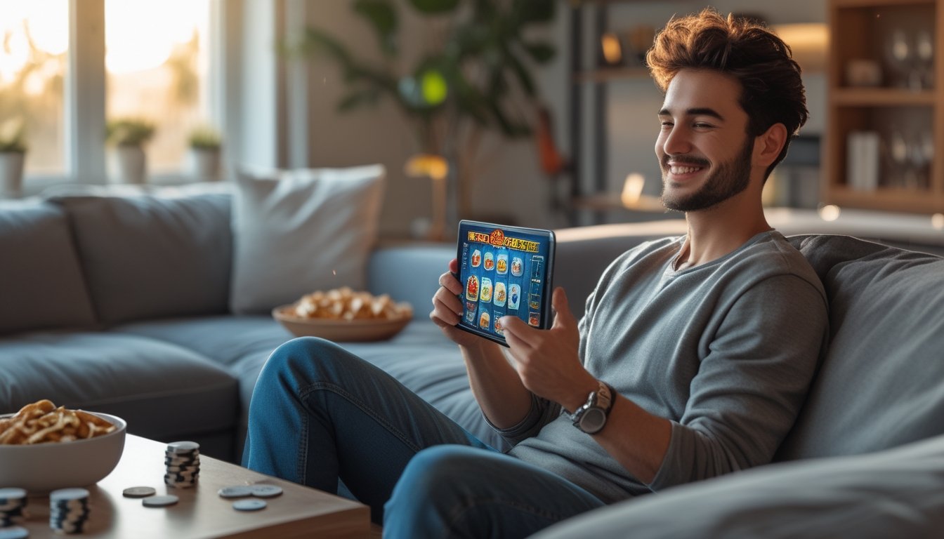Seseorang duduk di sofa di ruang tamu yang nyaman sambil bermain game slot di perangkat genggam.
