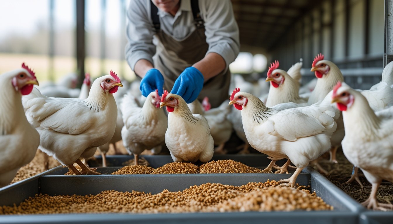 Seseorang memberi pakan ayam pedaging yang sehat di kandang ayam yang bersih dan terang.
