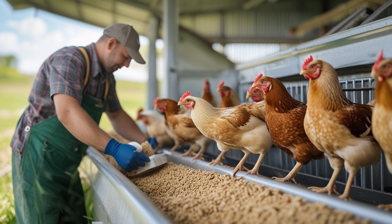Seorang petani memberi pakan ayam pedaging di kandang ayam yang bersih dan terawat.