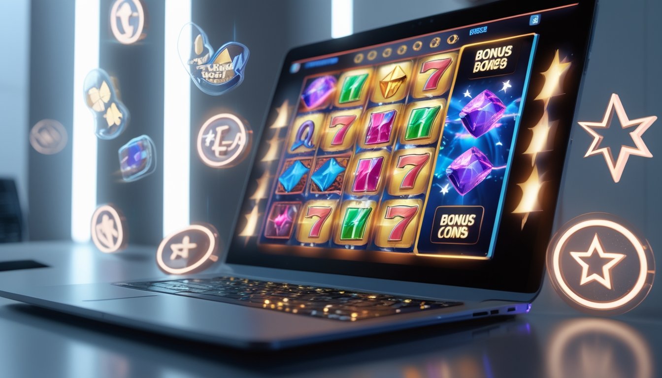 Layar komputer menampilkan permainan slot online dengan simbol-simbol dan ikon hadiah yang berkilau di sekitarnya.