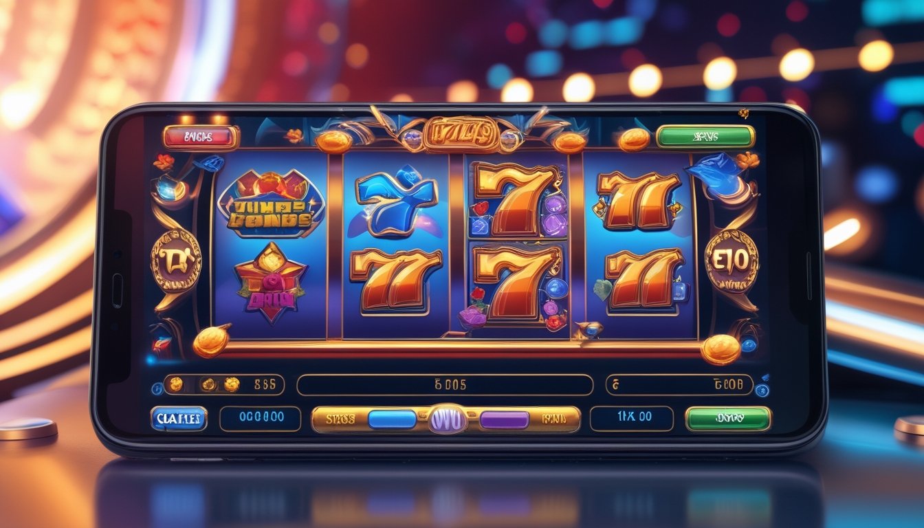 Tampilan layar perangkat digital yang menampilkan permainan slot online dengan simbol bonus warna-warni dan efek cahaya yang menarik.
