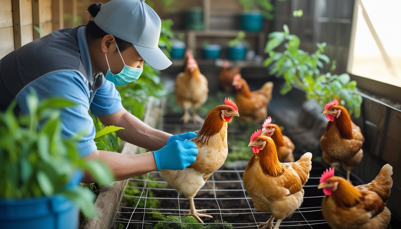 Seorang petani memeriksa ayam di kandang ayam yang bersih dan terawat dengan beberapa ayam sehat berjalan di sekitar.