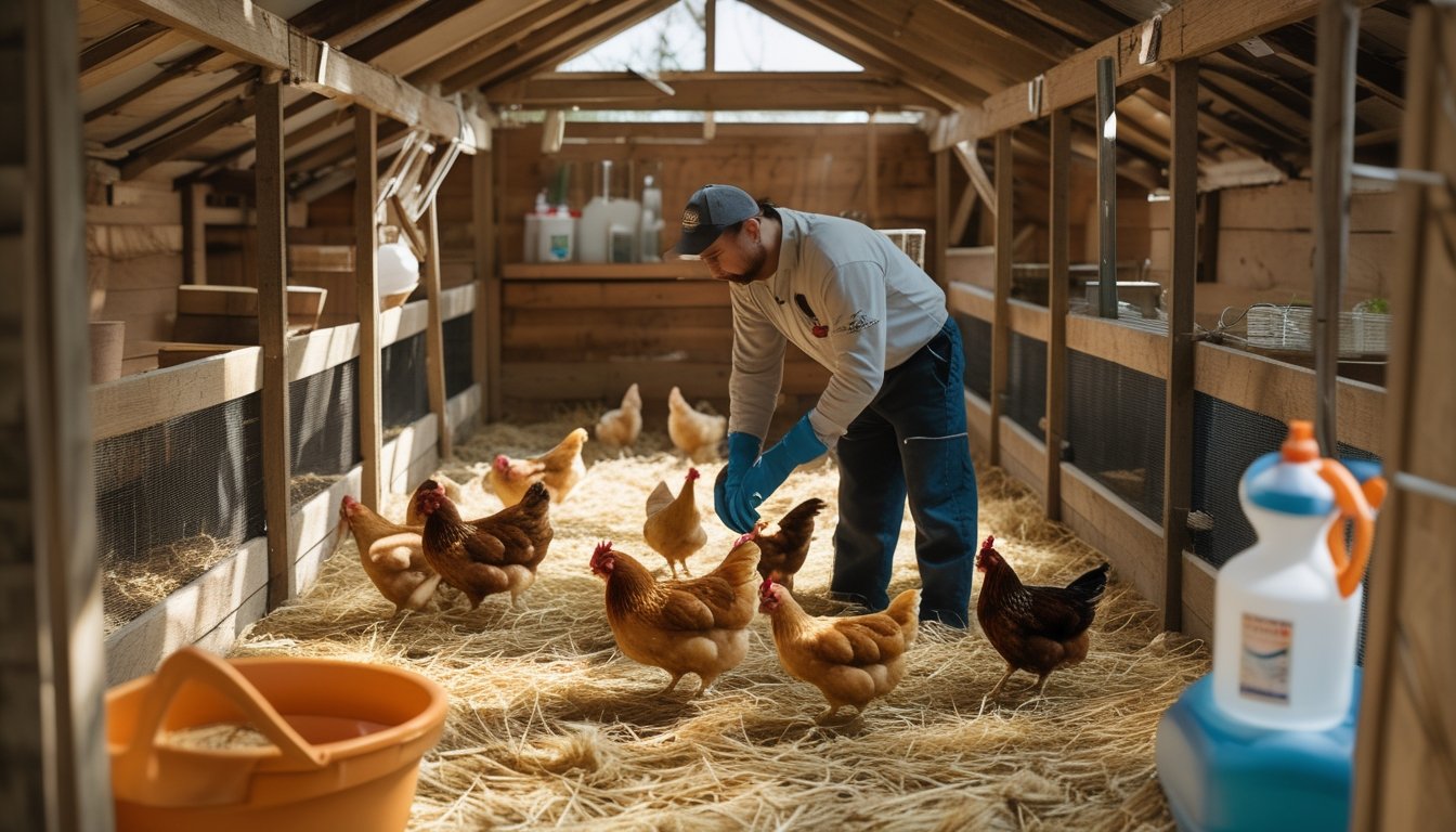 Peternak memeriksa ayam di kandang yang bersih dan terawat dengan baik.