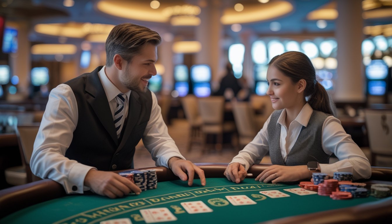 Seorang pemain pemula belajar bermain blackjack dengan dealer di meja kasino yang terang dan rapi.