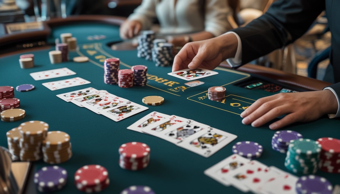 Meja blackjack dengan kartu dan chip poker yang tertata rapi, tangan dealer sedang membagikan kartu.