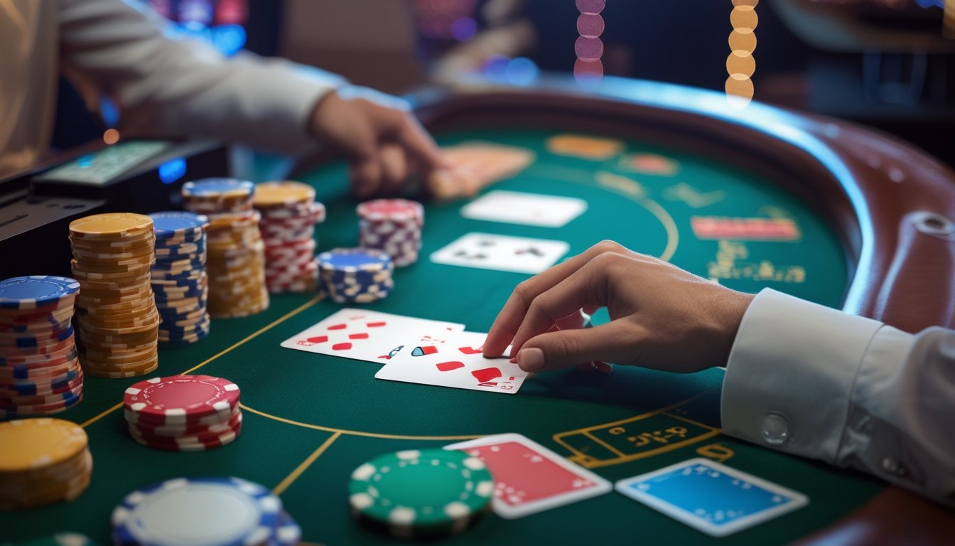 Meja blackjack di kasino dengan kartu dan chip yang tertata rapi, seorang dealer sedang membagikan kartu kepada pemain.