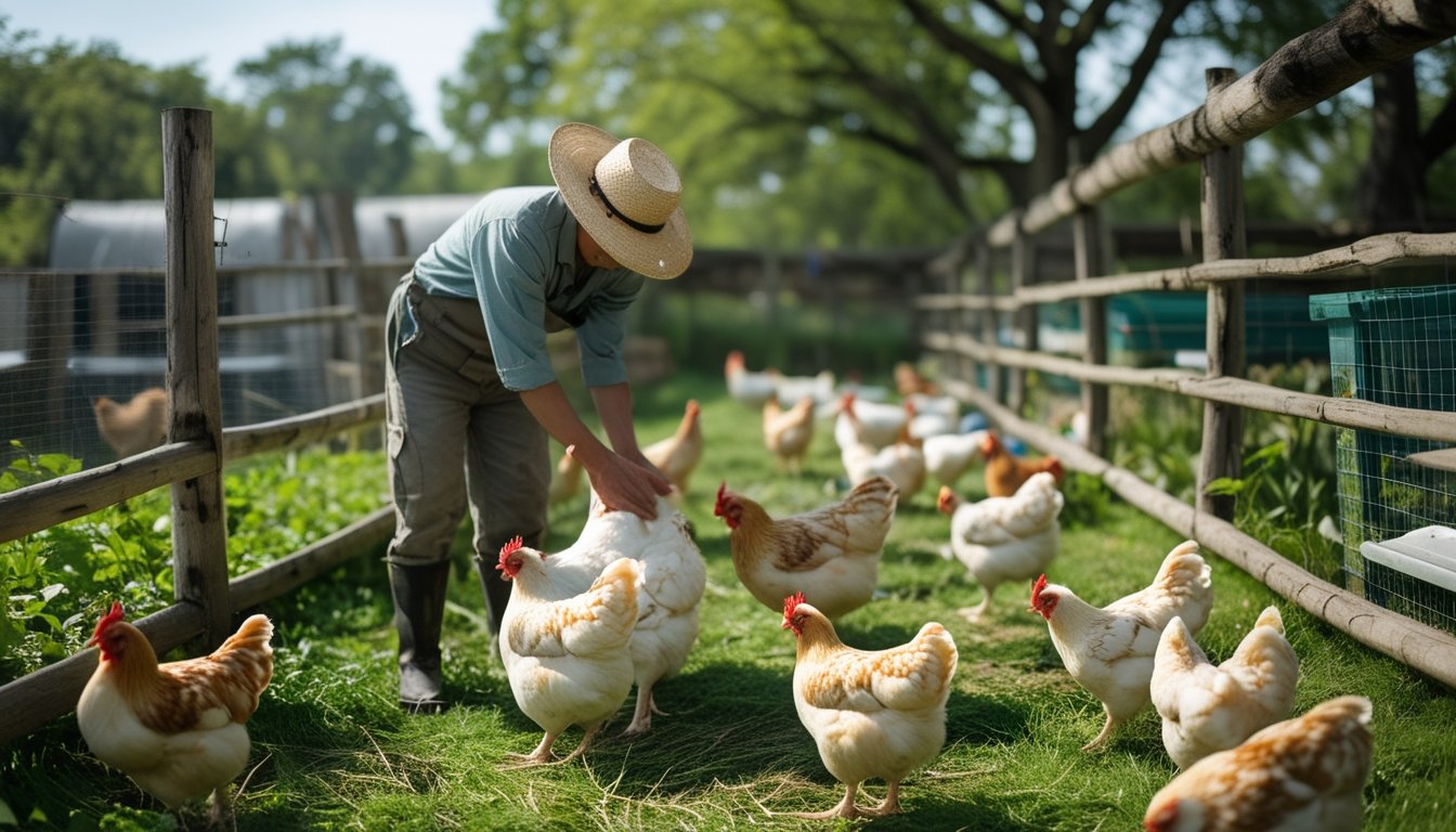 Seorang petani sedang merawat ayam kampung di kandang terbuka di lingkungan pertanian yang hijau dan bersih.