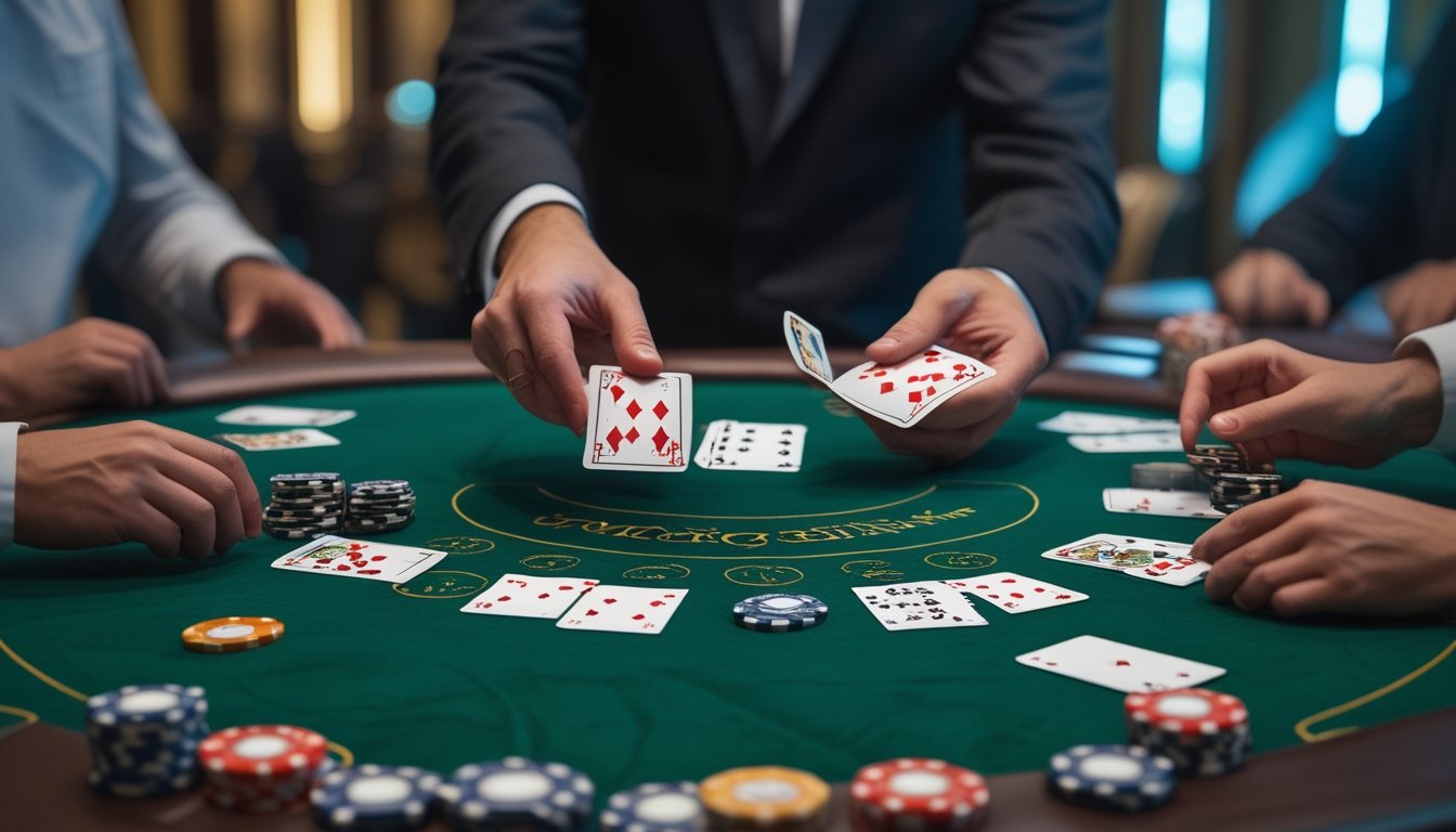 Meja kasino dengan dealer yang membagikan kartu blackjack kepada pemain di sekitarnya.