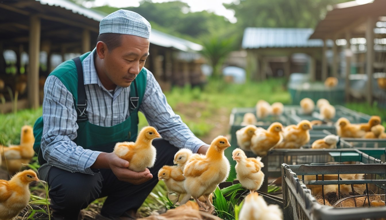 Seorang petani memegang dan memeriksa anak ayam kampung yang sehat di peternakan ayam tradisional.