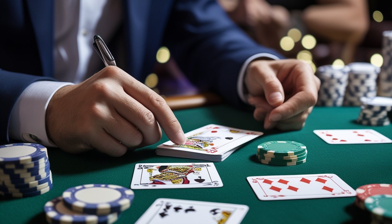 Seseorang sedang menghitung kartu dalam permainan blackjack di meja kasino dengan kartu dan chip di atas meja.