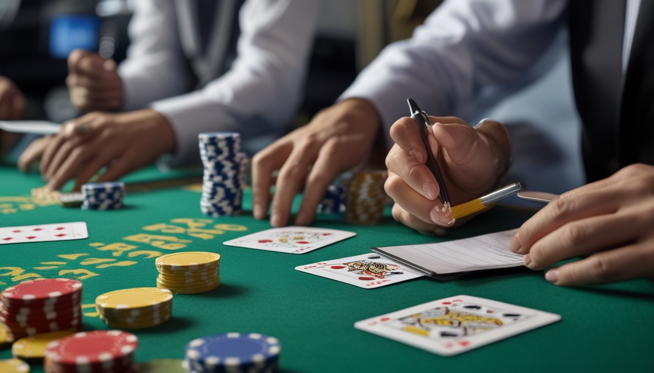 Tangan dealer membagikan kartu blackjack di meja kasino dengan pemain yang sedang menghitung kartu menggunakan pena dan buku catatan.
