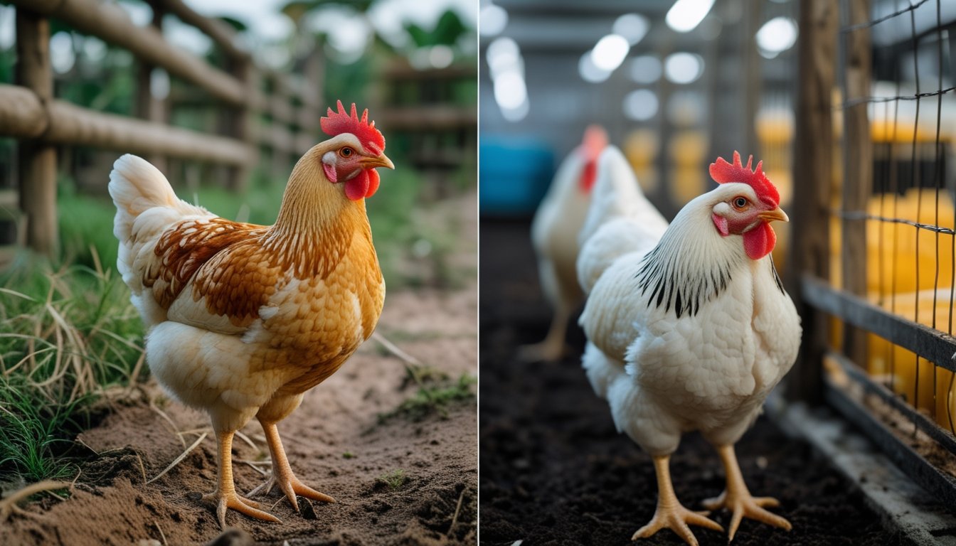 Perbandingan dua jenis ayam di peternakan, ayam kampung di lingkungan alami dan ayam ras di kandang modern.
