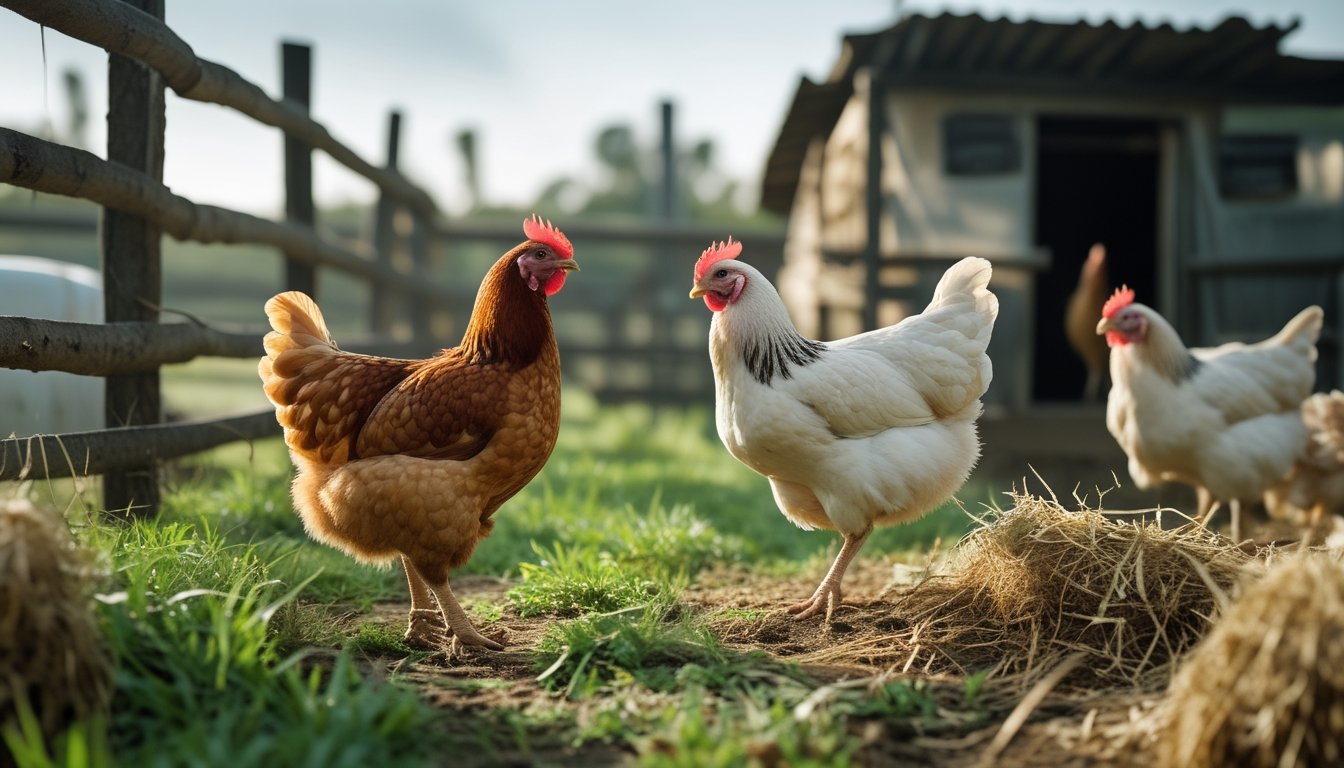 Dua ayam berbeda jenis di peternakan, satu ayam kampung yang bebas berkeliaran dan satu ayam ras yang lebih besar di dekat kandang ayam.