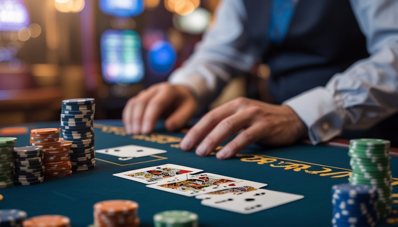 Meja blackjack dengan kartu dan tumpukan chip, tangan pemain sedang membuat langkah strategi.
