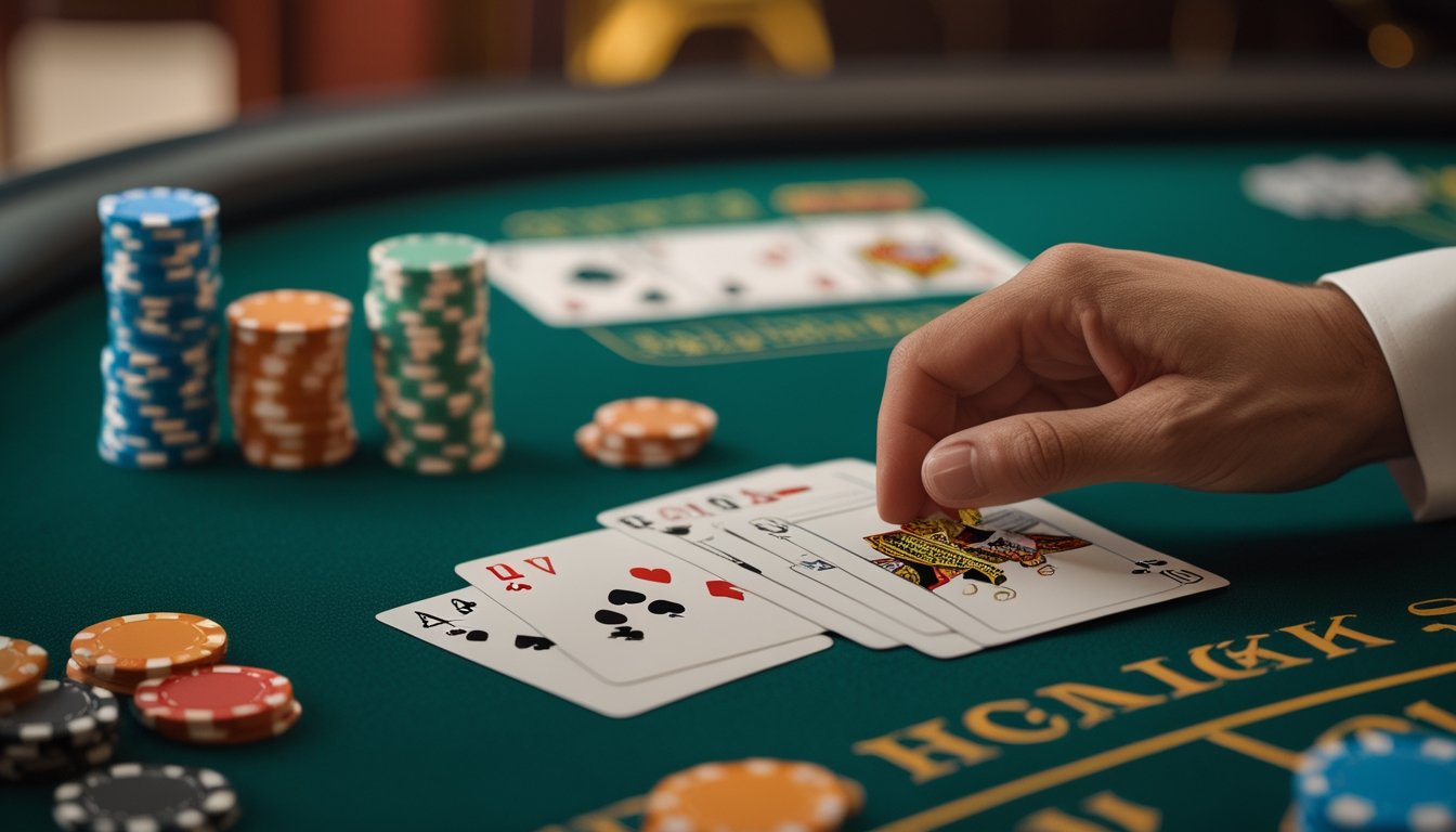 Tangan dealer meletakkan kartu blackjack di meja hijau dengan tumpukan chip di dekatnya dalam suasana kasino.