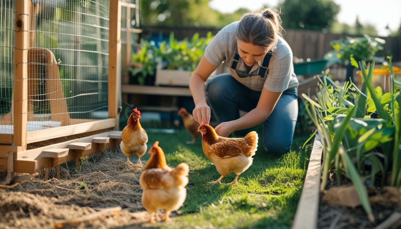 Orang merawat ayam di kandang ayam yang bersih dan luas di halaman rumah dengan ayam yang sehat dan lingkungan yang terawat.