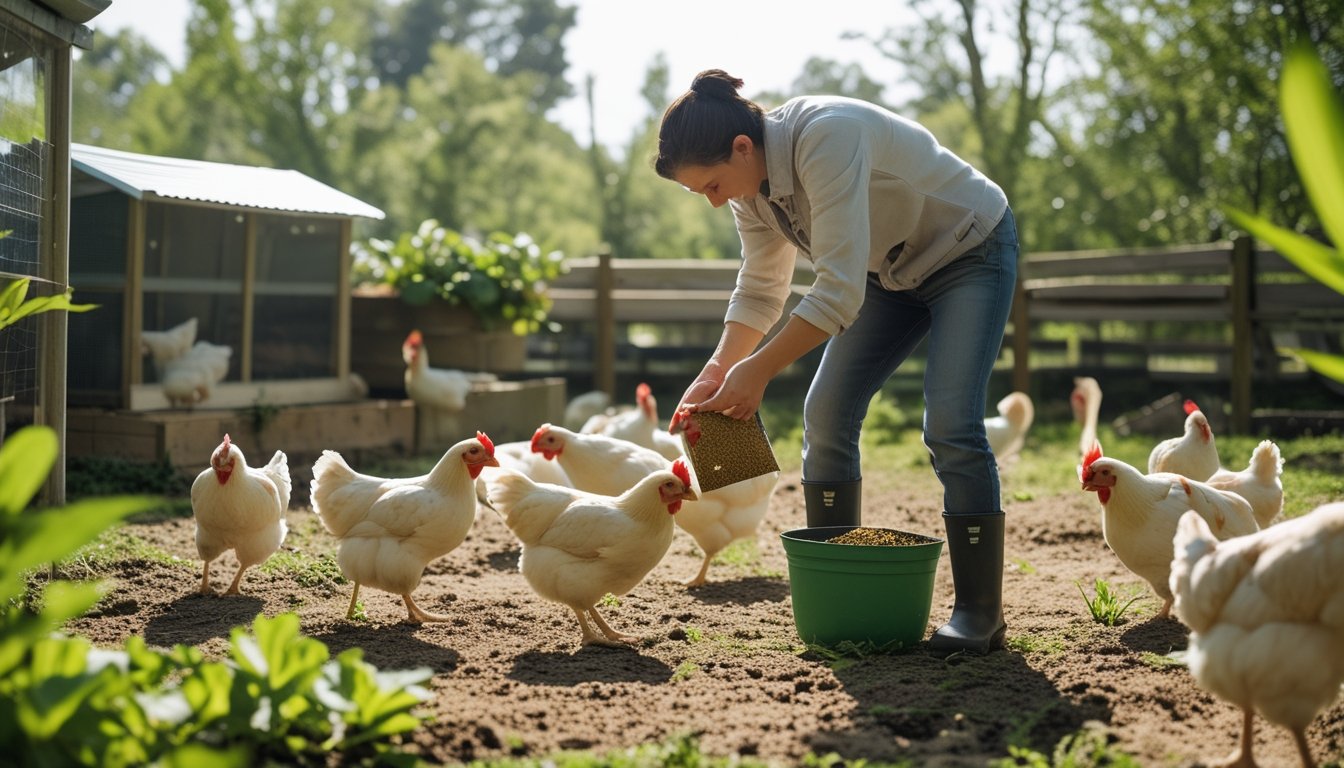 Peternakan ayam di halaman rumah dengan ayam sehat dan orang memberi makan pakan berkualitas.