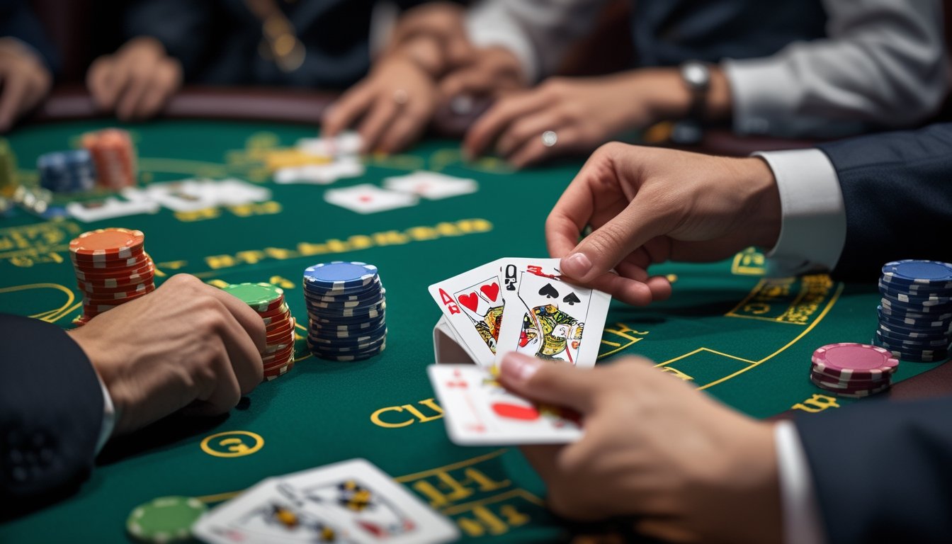 Meja kasino dengan permainan blackjack yang sedang berlangsung, menampilkan kartu dan tumpukan chip.
