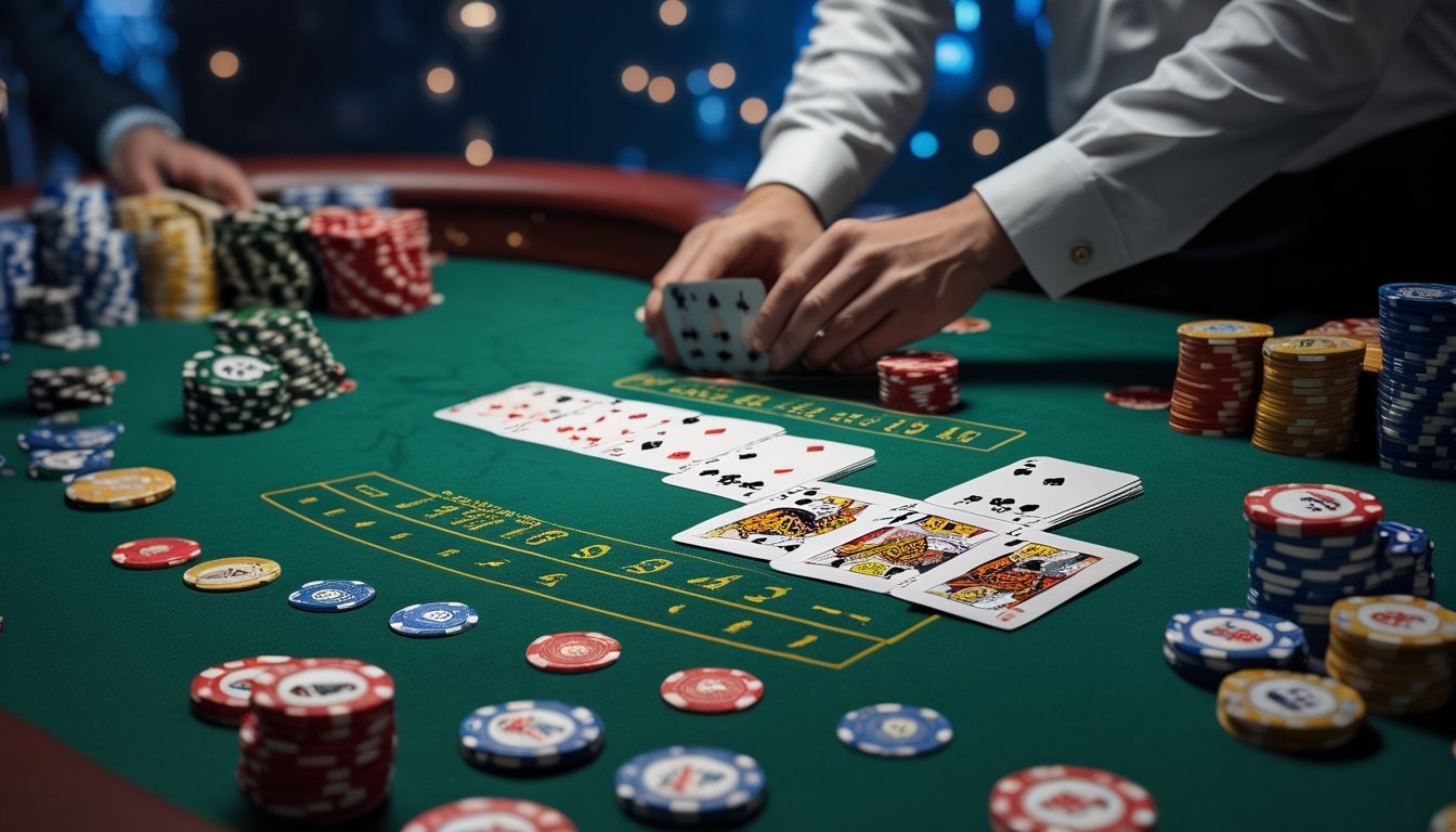 Meja kasino dengan kartu Blackjack dan tumpukan chip, menunjukkan penghitungan kartu dan nilai kartu dalam permainan.