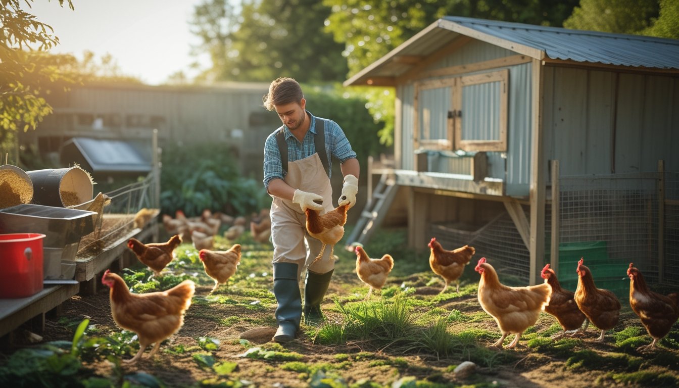 Seorang peternak sedang memegang ayam di kandang ayam yang bersih dengan ayam-ayam sehat berkeliaran di area hijau.