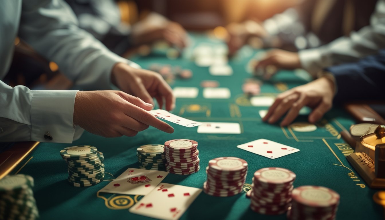 Meja blackjack dengan pemain dan dealer yang sedang bermain kartu, menampilkan kartu dan tumpukan chip di atas meja hijau.