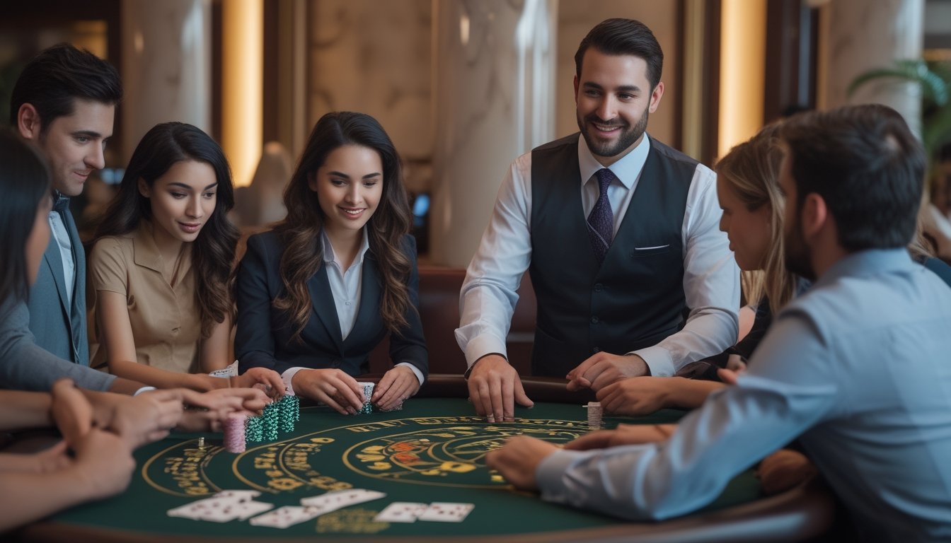 Sekelompok orang sedang bermain blackjack di meja kasino dengan dealer yang menjelaskan permainan.