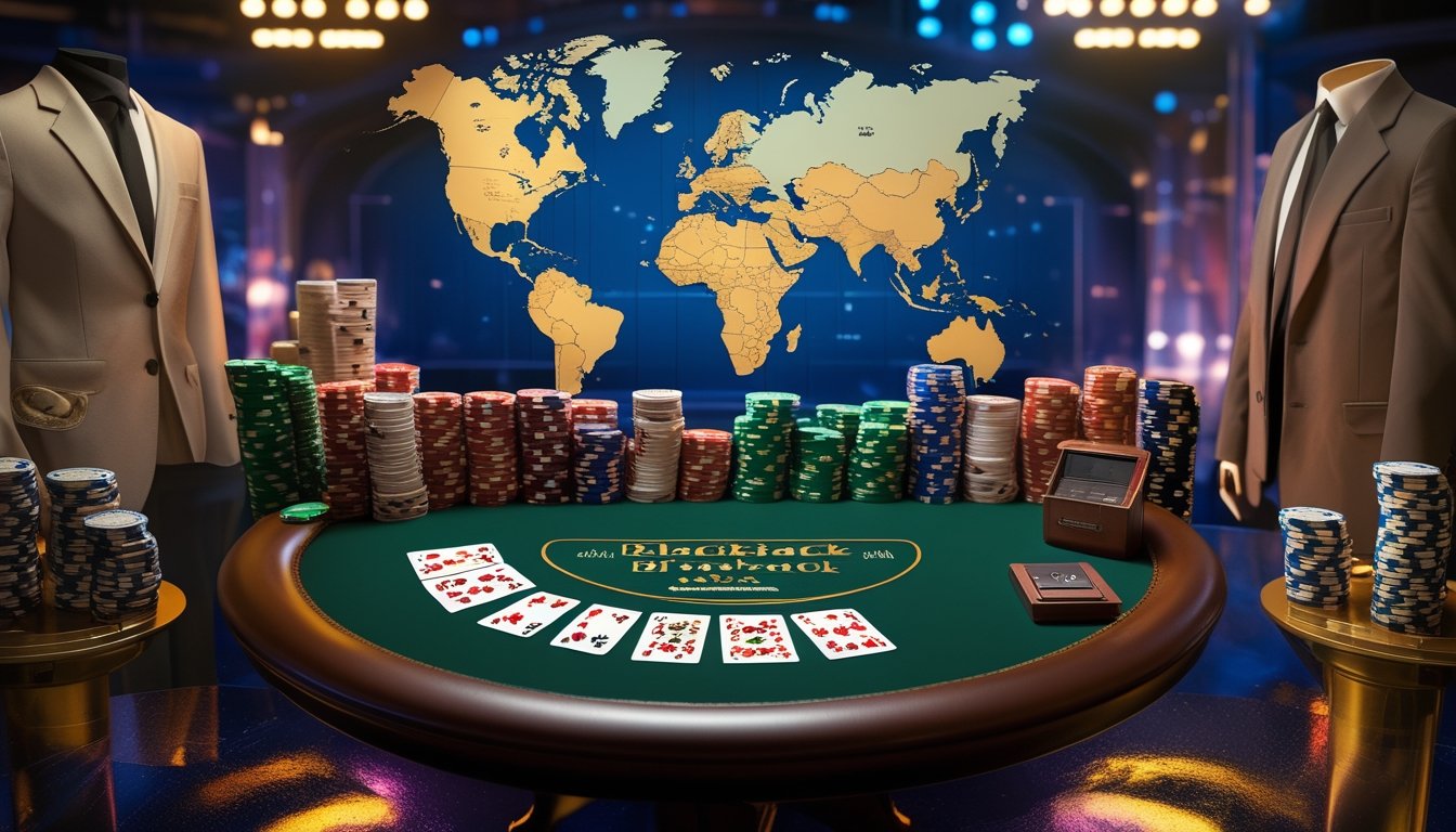 Meja Blackjack dengan kartu dan chip, latar belakang peta dunia dan suasana kasino yang berbeda.