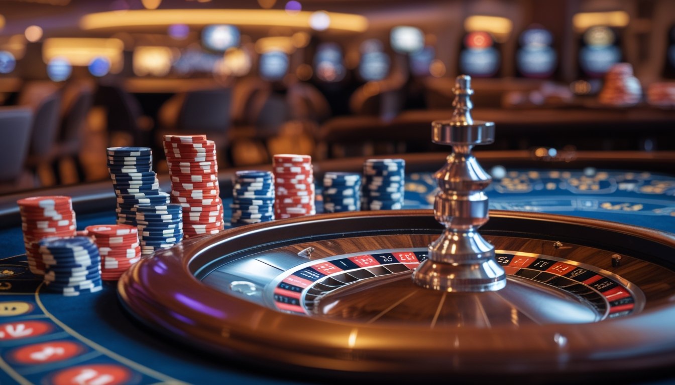 Meja permainan roulette dengan roda berputar dan tumpukan chip taruhan di kasino.