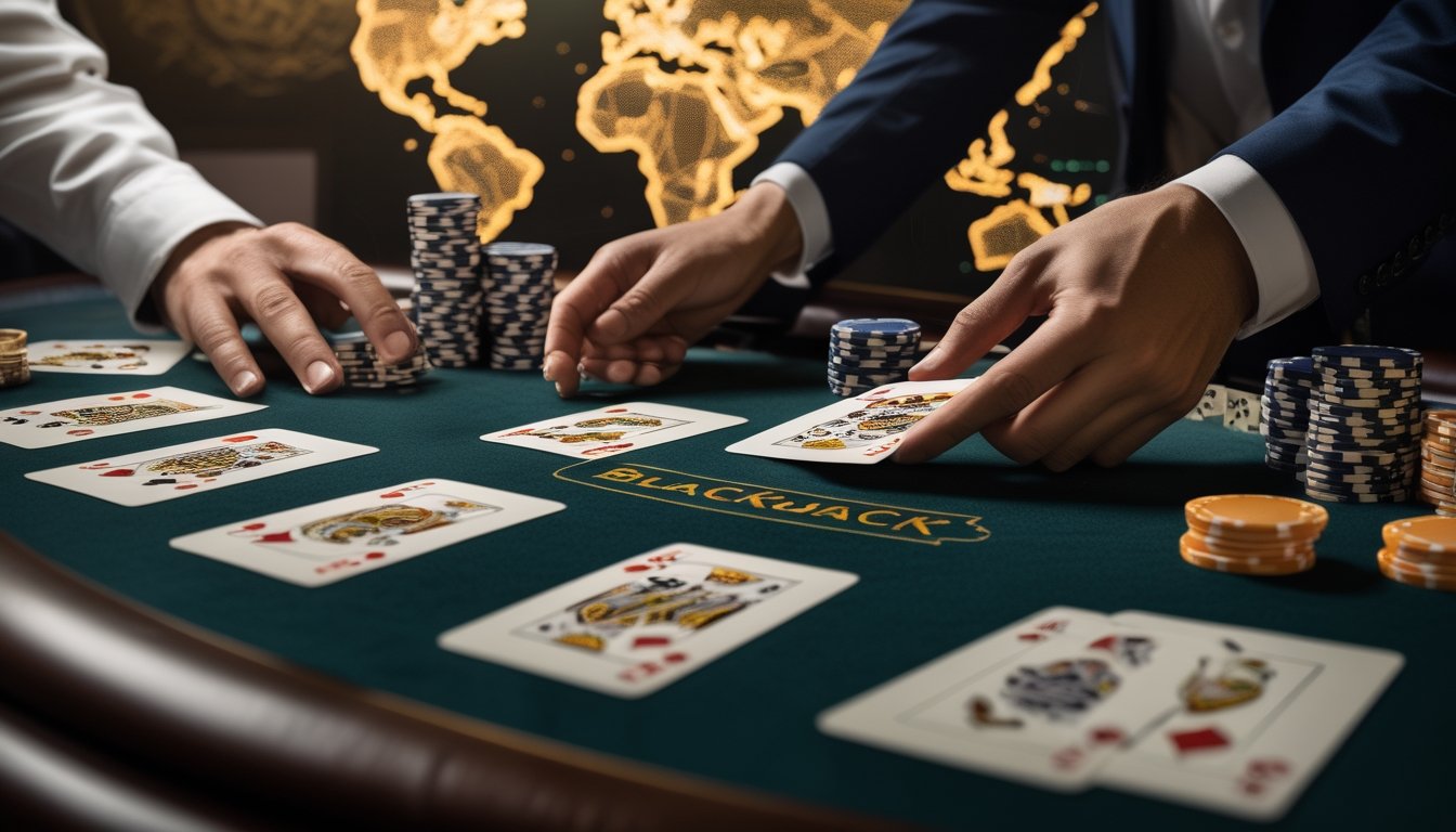 Meja kasino dengan kartu remi dan chip poker, tangan dealer membagikan kartu, latar belakang peta dunia dengan garis koneksi yang menyimbolkan penyebaran permainan Blackjack.