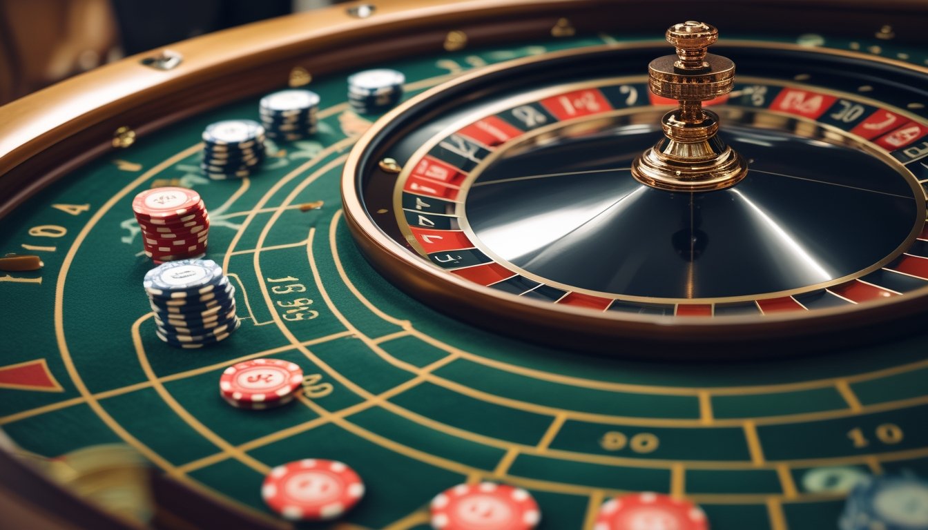 Tampilan dekat roda roulette yang sedang berputar dengan bola putih di atasnya dan tumpukan chip di meja taruhan hijau.