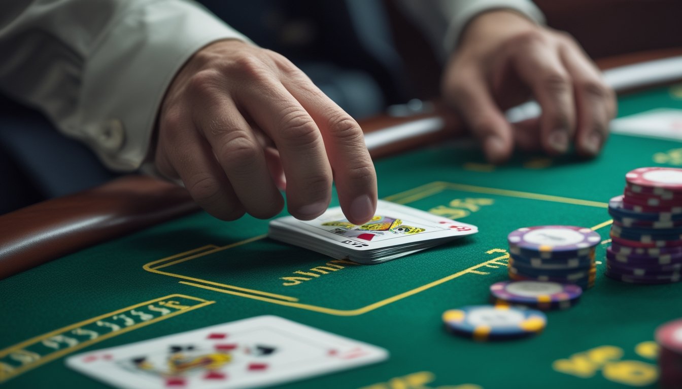 Seorang pemain blackjack sedang memegang kartu di atas meja kasino dengan tumpukan chip di dekatnya.