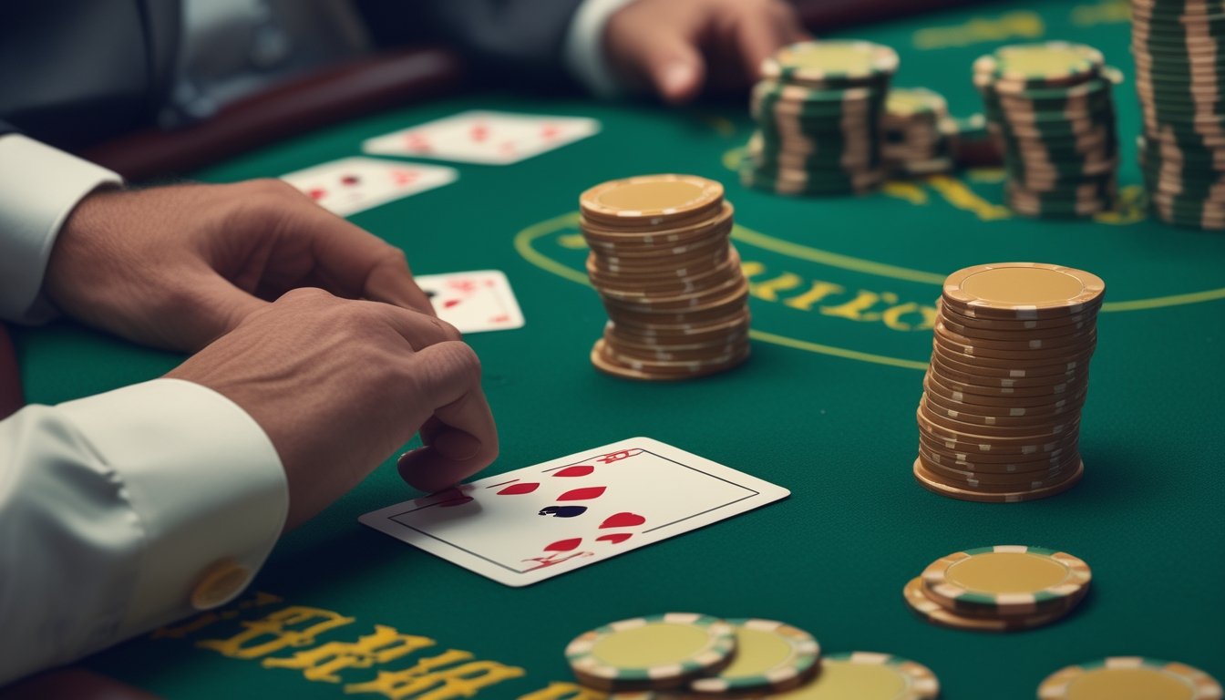 Tangan pemain sedang mengambil keputusan hit atau stand di meja blackjack dengan kartu dan chip poker terlihat.