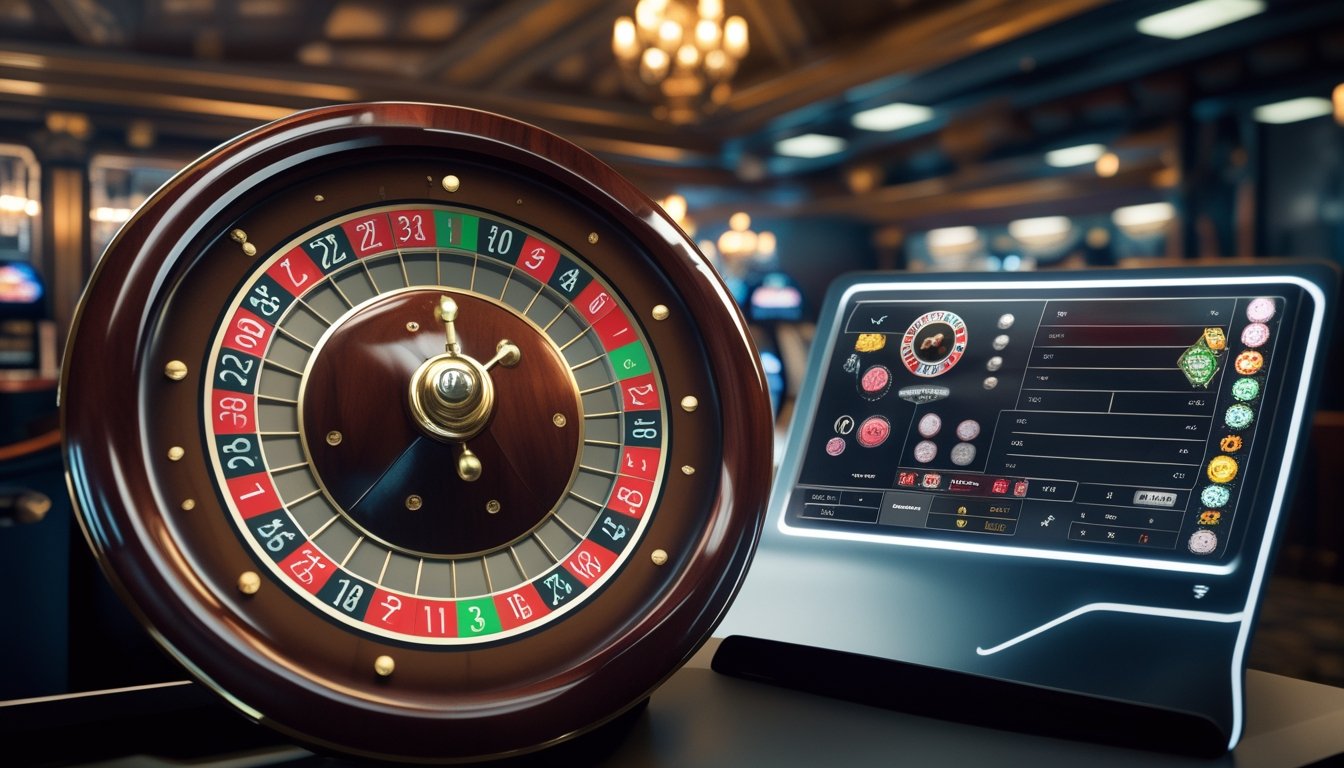 Gambar menunjukkan roda roulette klasik dari Eropa di sebelah kiri yang beralih menjadi antarmuka roulette digital modern di sebelah kanan.