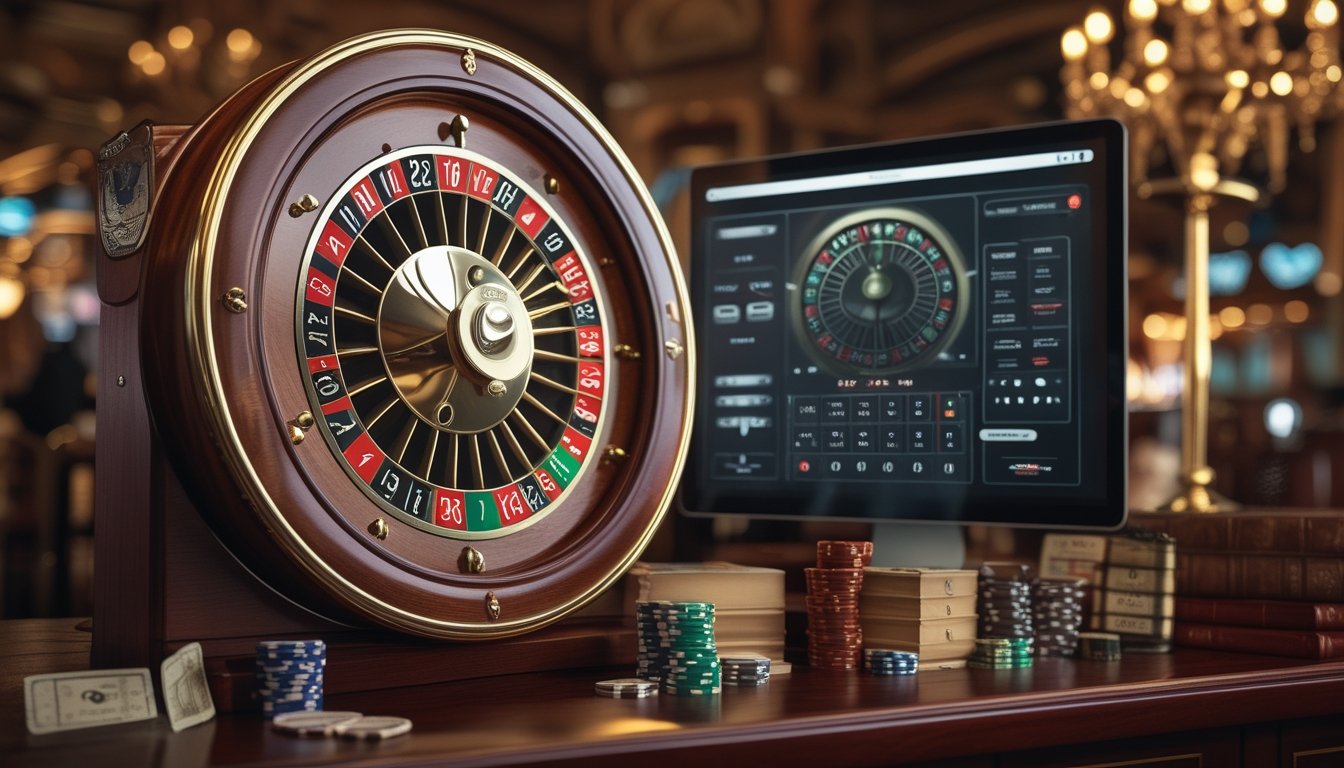 Meja roulette klasik Eropa dengan roda roulette vintage dan chip judi kuno, di latar belakang layar digital modern yang menampilkan permainan roulette.