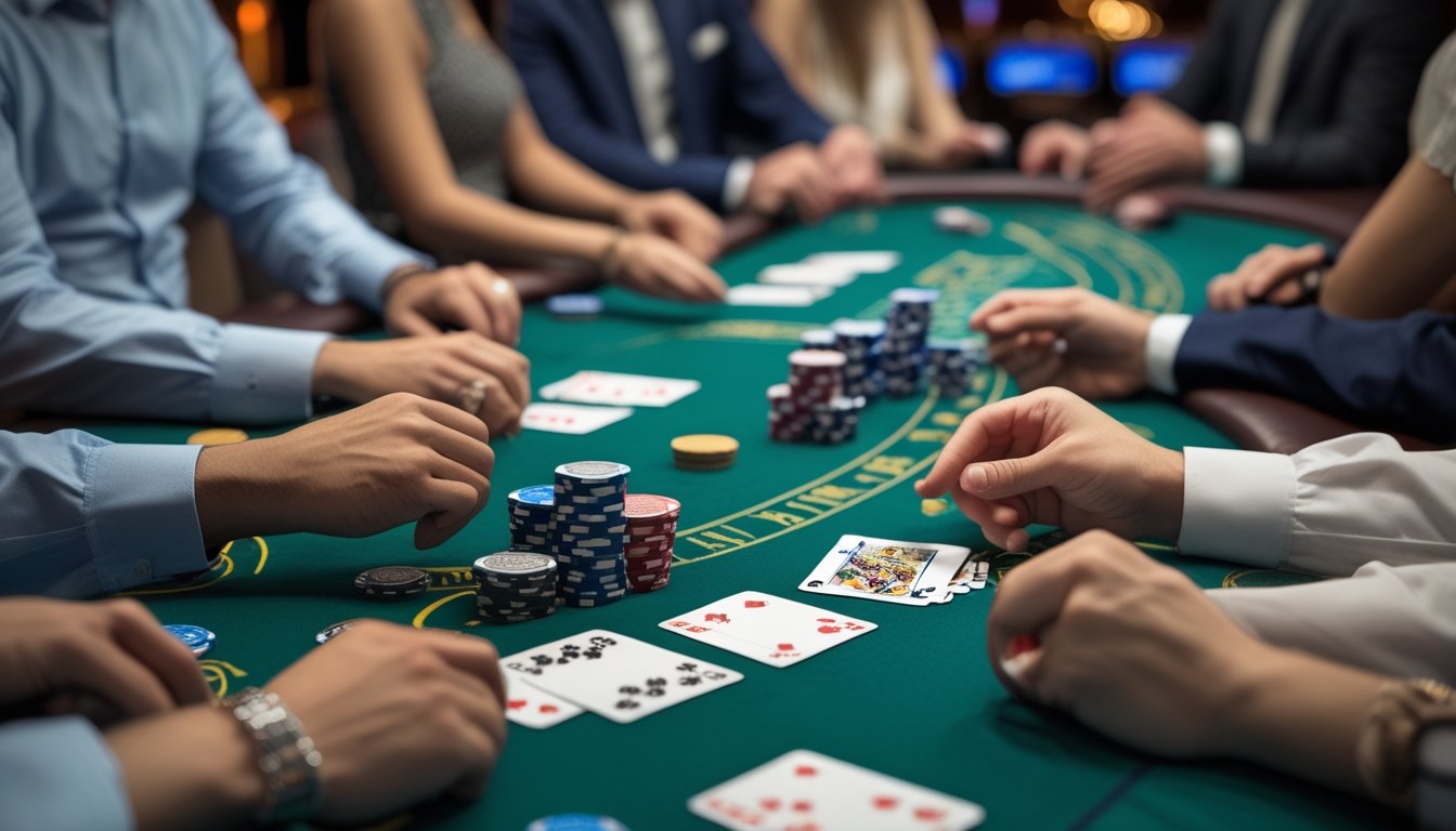 Beberapa pemain pemula di meja blackjack yang tampak bingung dan sedang bermain kartu dengan dealer yang membimbing mereka.