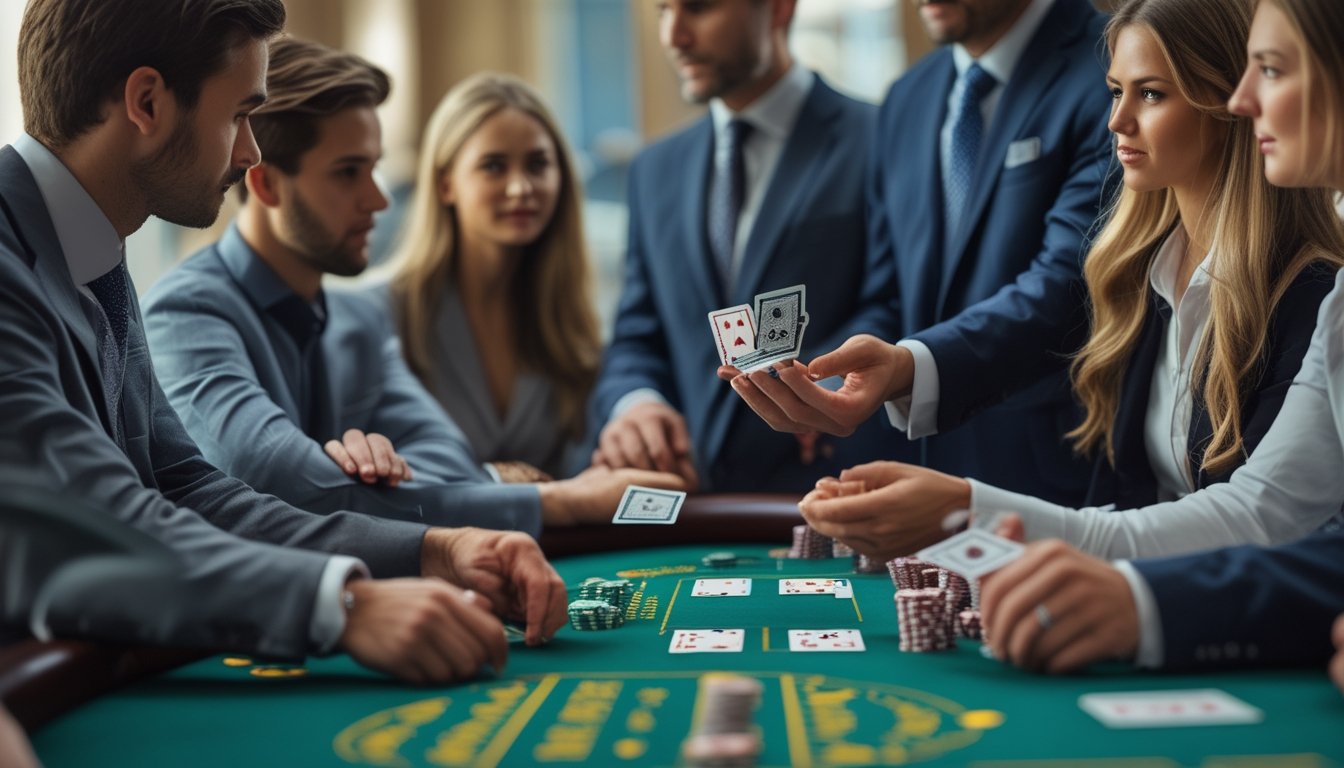 Sejumlah pemain pemula sedang belajar aturan dasar blackjack di meja kasino dengan dealer yang menjelaskan permainan.