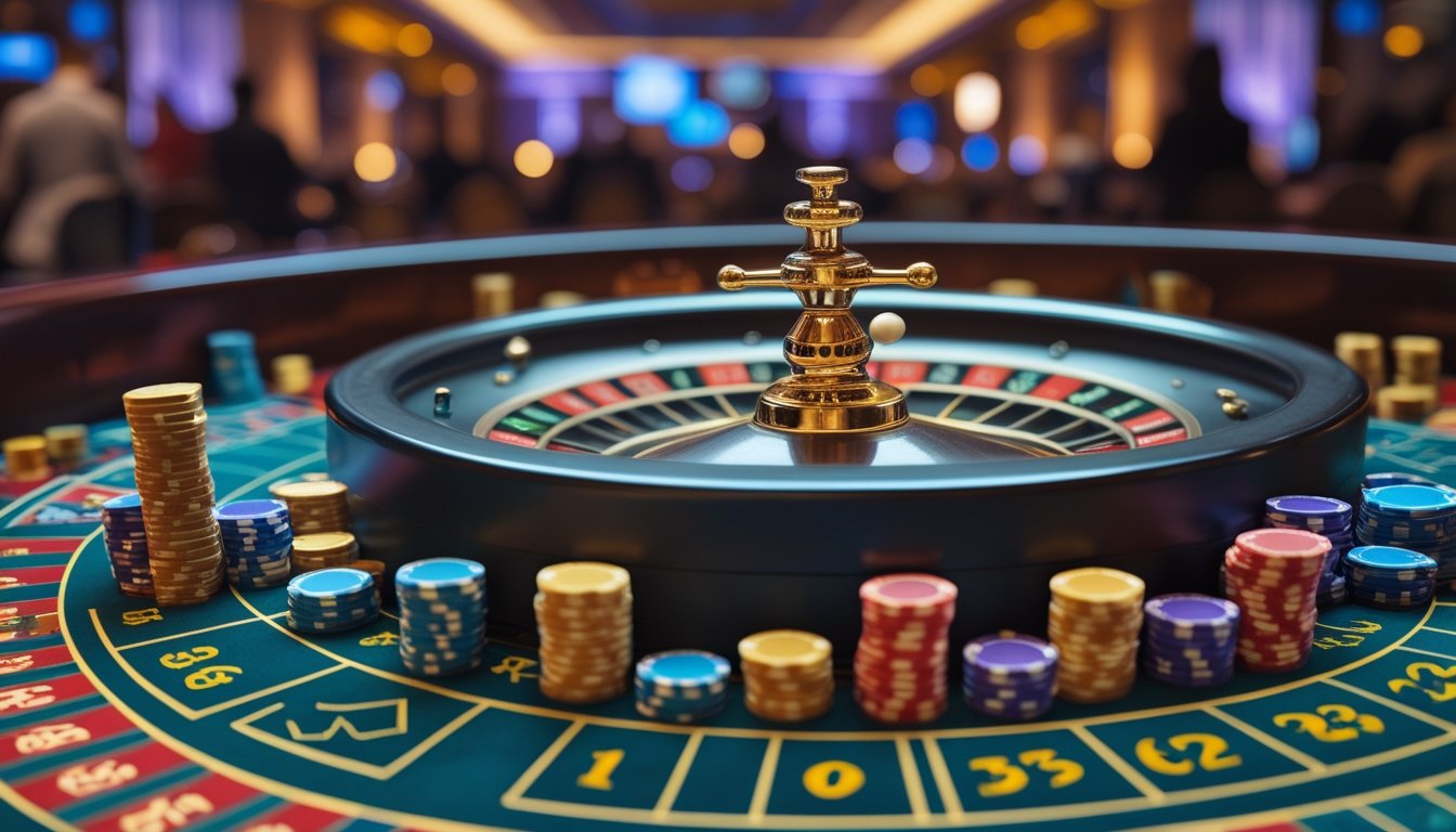 Meja roulette dengan roda yang berputar dan chip taruhan berwarna-warni di kasino.