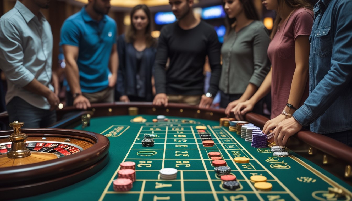 Meja roulette di kasino dengan beberapa orang yang sedang memperhatikan dan memasang taruhan.