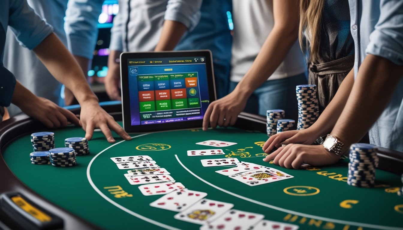 Meja blackjack dengan kartu dan perangkat digital untuk latihan simulasi tanpa risiko, dengan beberapa orang fokus berlatih bersama.